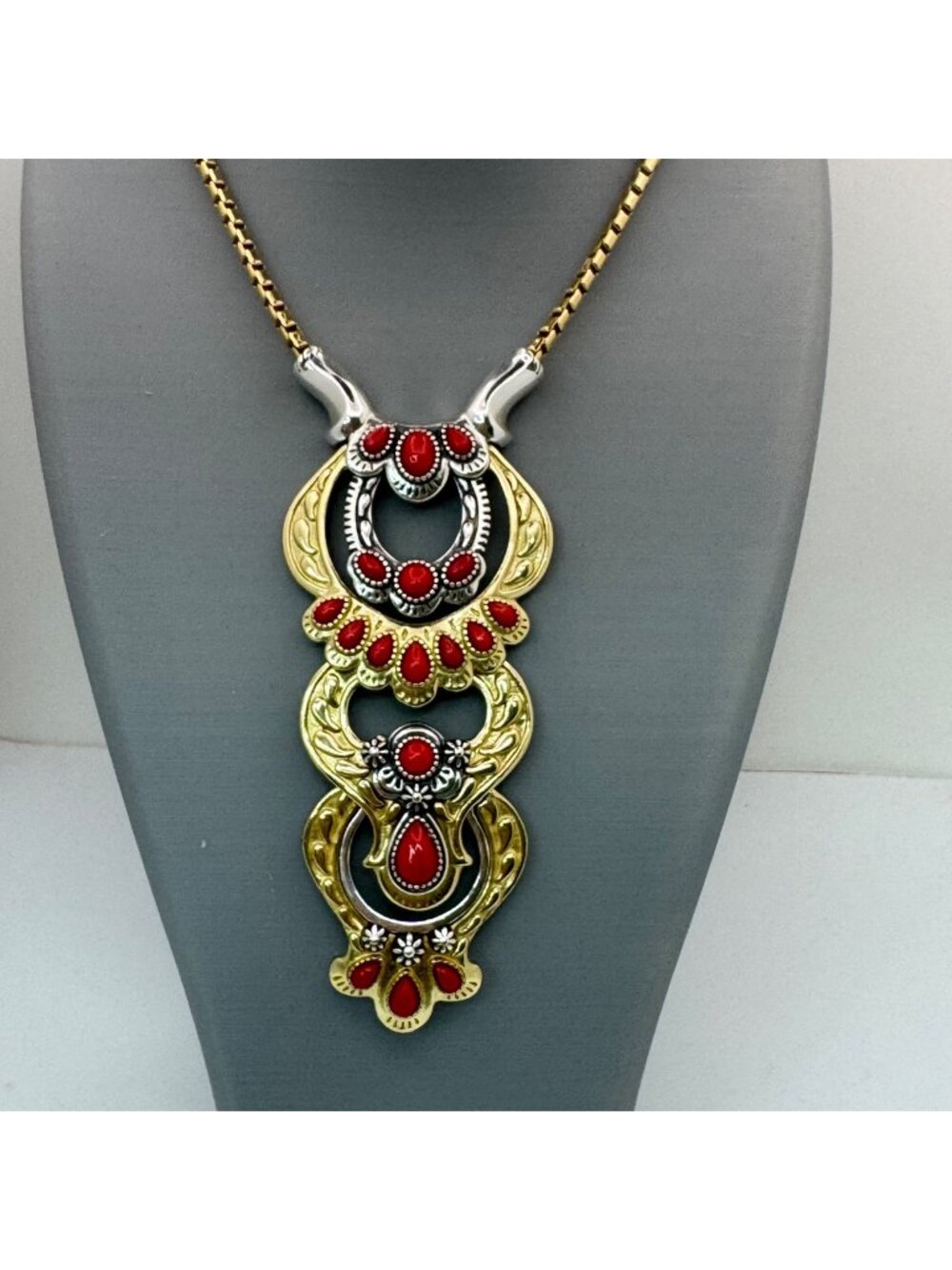 Coral Southwest Statment Necklace American West Luna Gemstone Sterling Brass 18"